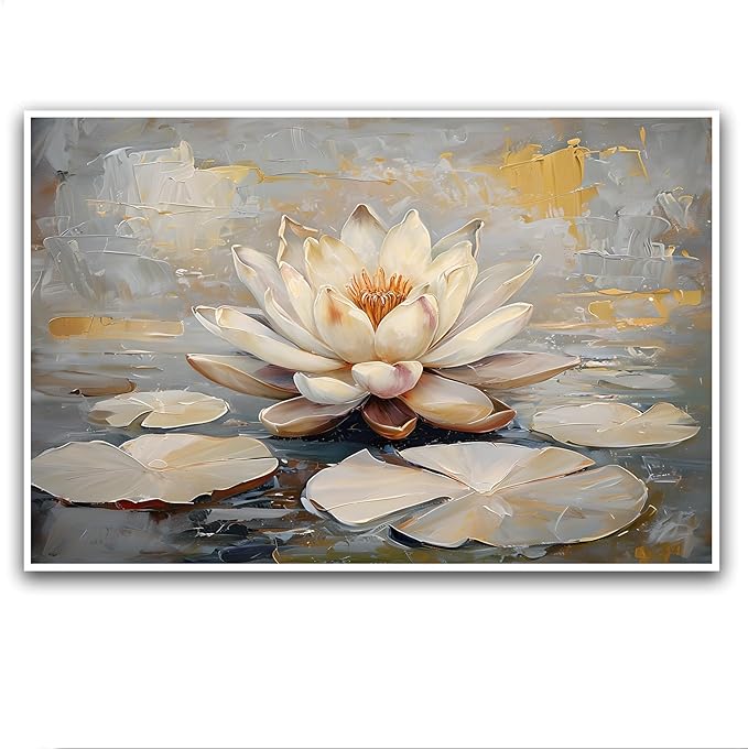 Ethereal white lotus floating on Crystal Waters poster vintage oil painting printwall art soft blush and gold accents serene home and office decor dreamy 32x48in Frameless