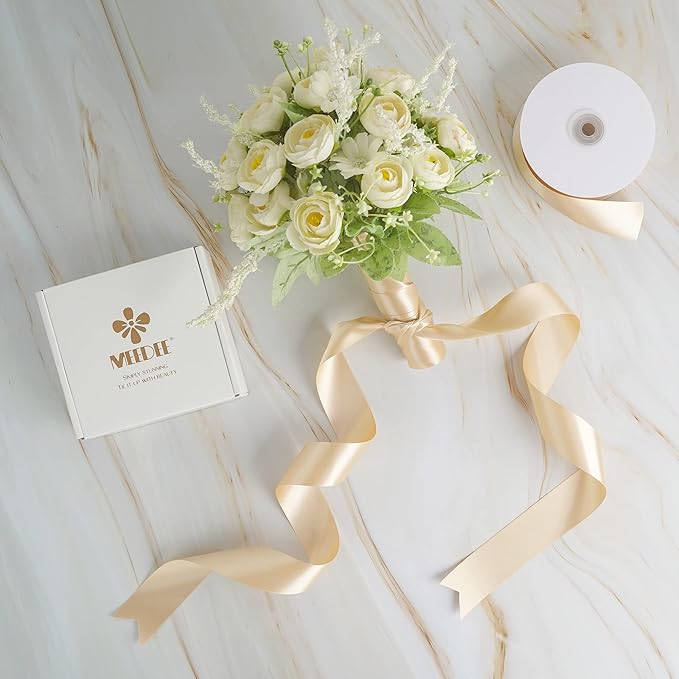 MEEDEE Champagne Satin Ribbon 1-1/2 Inch Champagne Ribbon Lux Double Faced Satin Ribbons by 50 Yards Polyester Satin Ribbons for Crafts, Wedding, Flower Bouquet, Holiday Decorating