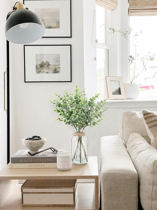 Artificial Eucalyptus Stems in Glass Vase with Faux Water, 14.57" Small Fake Plants Eucalyptus Leaves for Centerpiece Table Bathroom Farmhouse Shelf Kitchen Office Home Faux Greenery Decor