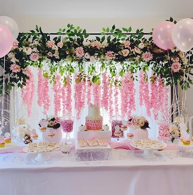 Artificial Wisteria Hanging Flowers Fake Wisteria Flower Garland Silk Vines Rattan Decor for Home Wedding Arch Wall Garden Greenery Bedroom Outdoor Office Party Decoration (12, Dark Pink)