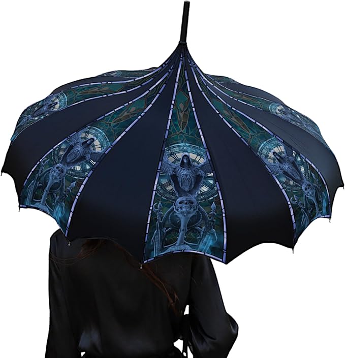 Pagoda Umbrella - Artisan Design with Bat Wing Scalloped Edges, Full Size Waterproof Windproof UV Protection Gothic Parasol with Carry Case