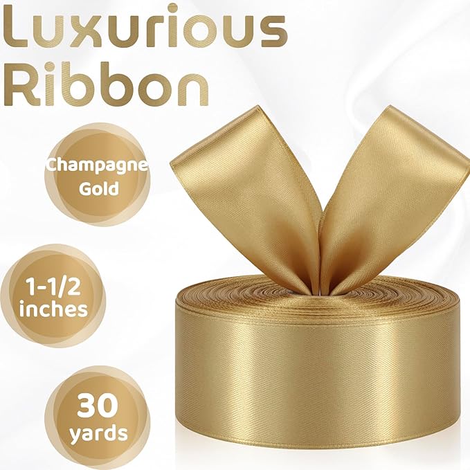 Champagne Gold Ribbon 1-1/2 Inch 30 Yards Gold Satin Ribbon for Floral Bouquets Wedding Gift Wrapping Crafts Hair Christmas Party