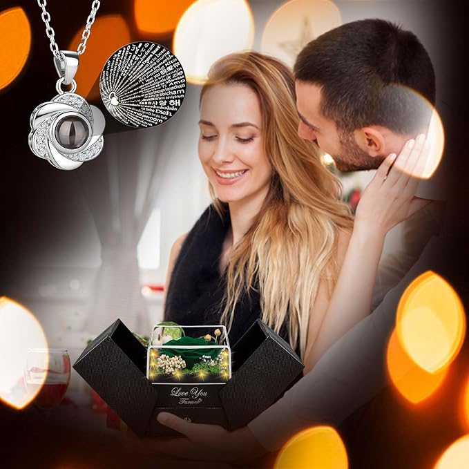 Preserved Green Real Rose-Eternal Flowers Rose Gifts for Mom Grandma Wife Girlfriend on Mothers Day Birthday Valentines Christmas Anniversary Romantic Gifts for Her with I Love You Necklace