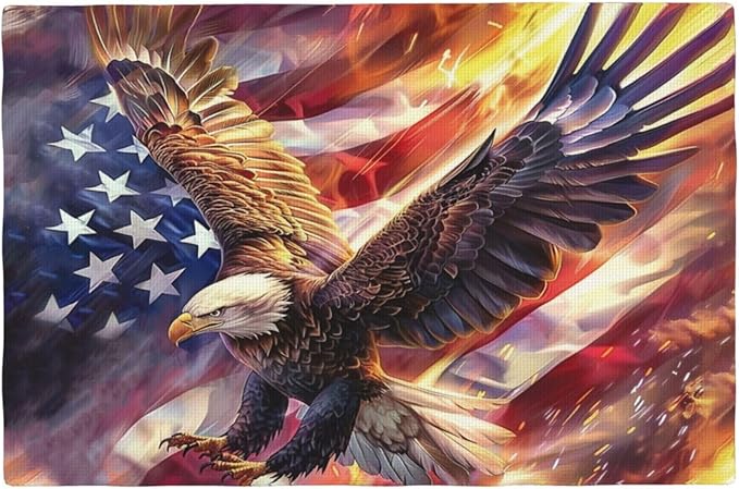 American Flag Placemats Set of 6 Washable Table Bald Eagle Heat-Resistant Cotton Linen Place Mats for Dining Table Kitchen Indoor Outdoor Party Holiday Decor