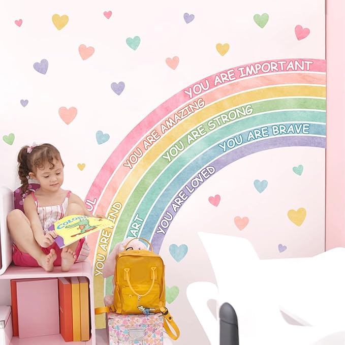 Large Rainbow Wall Sticker Watercolors Inspirational Wall Decal Baby Girls Bedroom Walls Decor Half Rainbow Decals Peel and Stick Pastel Pink Vinyl Art Mural Sticker for Toddler Playroom Kids Nursery