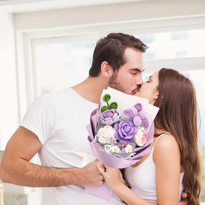 Crochet Flowers,Finished Bouquet Crocheted Cotton Thread Flowers, Handmade Crochet Rose Tulip Fern Leaf as a Gift for Lover, Friends. Artificial Flower (Purple)