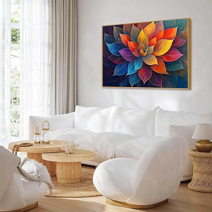 Colorful Flower Canvas Wall Art, Abstract Floral Canvas Prints, Lotus Blossom Pictures Wall Decor, Zen Painting, Yoga Studio Wall Decor (Gold Framed, 47"Wx35"H/120x90cm)