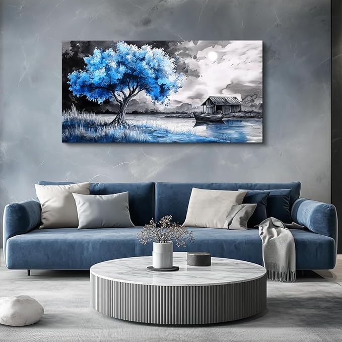 PHAOHUAXM large Wall Art For Living Room Bedroom Wall Decor Black White Scenery And Blue Trees Wall Painting Modern Home Decoration For Room Office Restaurant Canvas Art Prints Home Decor 20x40 In