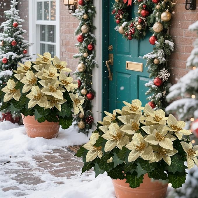 6 Pack Yellow Christmas Artificial Poinsettia Flowers Faux Poinsettia Bush Bouquets Silk Poinsettia Christmas Tree Ornaments Poinsettia Flower Arrangement for Home Decor