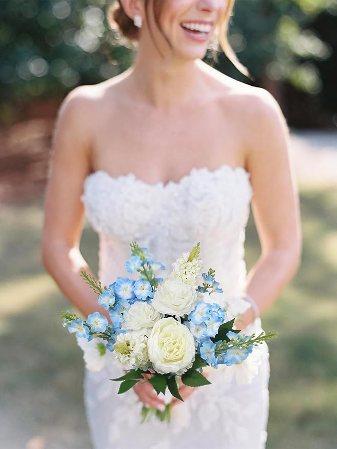 Rinlong 1Pc Baby Blue Bridesmaids Bridal Bouquet Artificial Delphinium Wedding Bouquets for Bride Bridesmaid Silk Bouquet for Wedding Prom