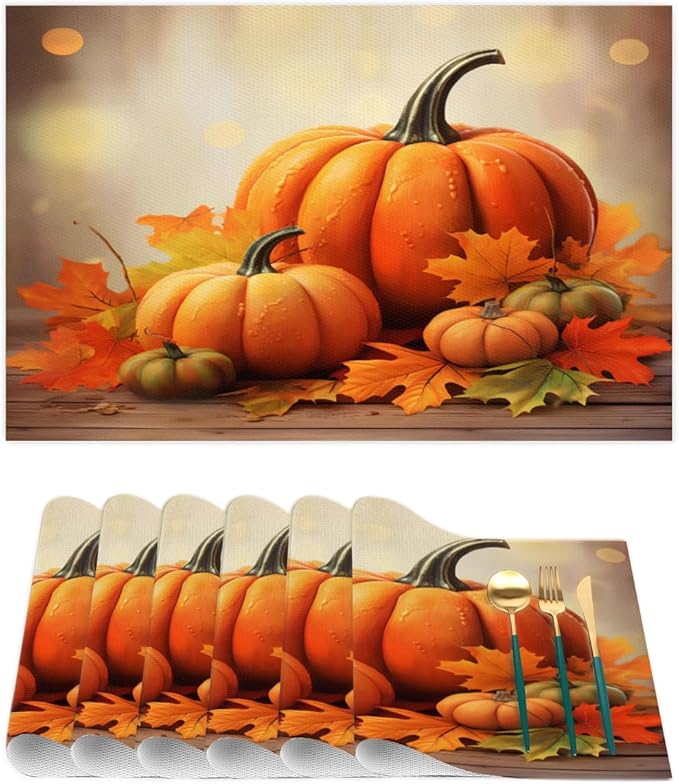 Thanksgiving Fall Pumpkin Placemats Set of 1 PVC Vinyl Non Slip Table Mats Heat Resistant Place Mats Washable Wipeable Dining Table Mat for Kitchen Decor Party Indoor Outdoor Decorative Gift