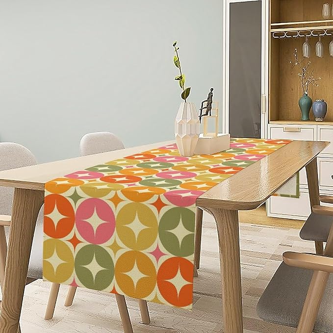 Mid Century Table Runner, Flag Retro Atomic Starburst 1950s Abstract Geometric Space Tabletop Decoration for Home Kitchen Restaurant Table Flag 13x108 Inch
