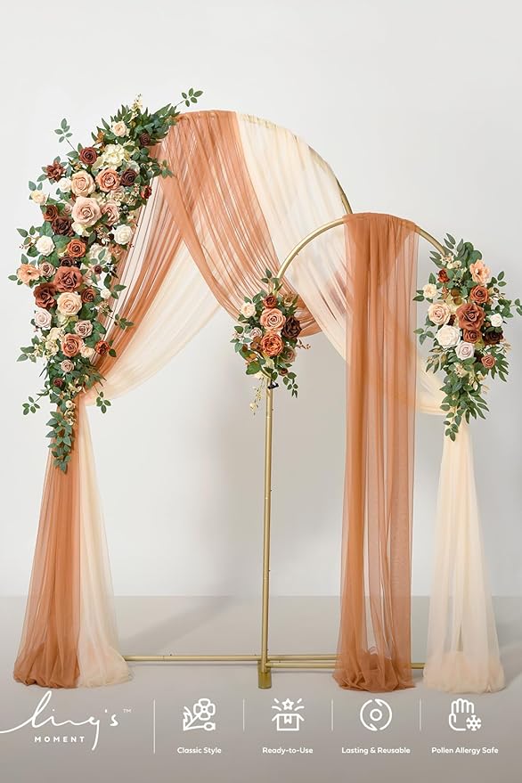 Ling's moment Wedding Arch Backdrop Stand with Flowers - 7.2FT, 6FT Set of 2 Metal Arch Frame with Drape for Ceremony Decor - Artificial Floral Birthday Party, Bridal Shower, Terracotta Orange