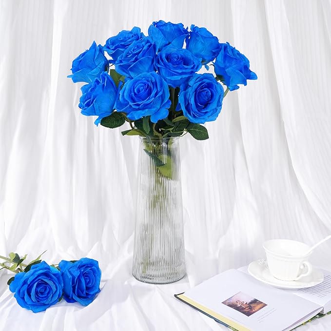 Waipfaru 16 Pcs Blue Roses Artificial Flowers, Fake Silk Roses with Long Stems, Faux Flowers for Independence Day Wedding Bouquet Centerpiece 4th of July Patriotic Decor (Royal Blue)