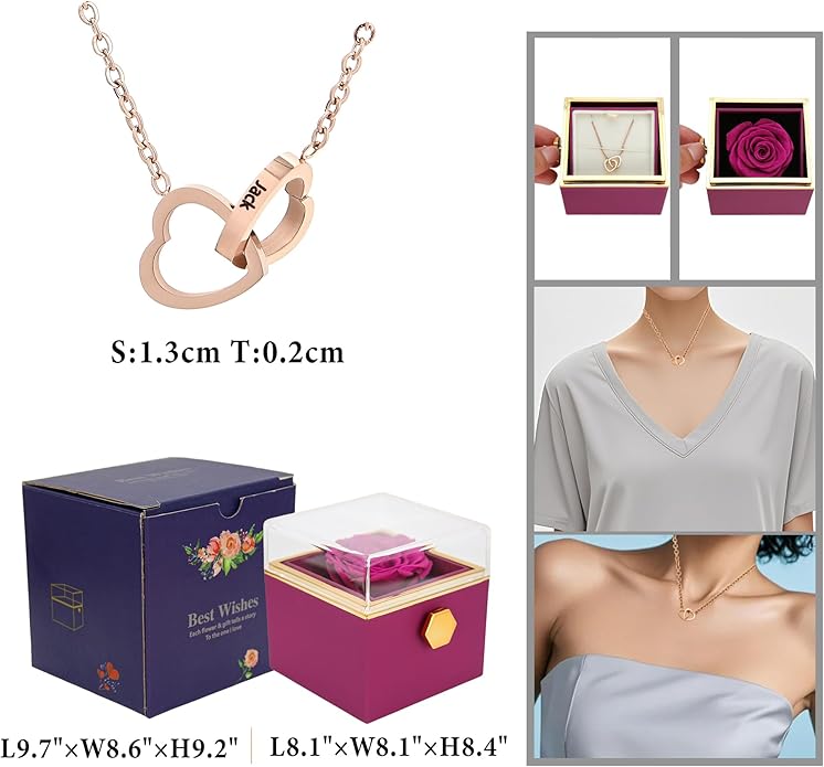 ‌TINGKU Eternal Real Rose Gift Box for Women, Preserved Rose with Customized Name Engraved Heart Necklace, Personalized Romantic Gift for Wife, Girlfriend, Mom, Mother's Day Love Keepsake