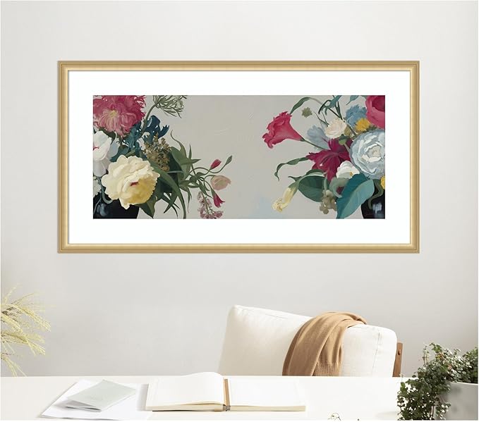 Kate and Laurel Framed Wall Art Print Romantic Blooms by Mary Sparrow, 42 x 22, Florence Gold Frame, Traditional, Flower Art for Wall Decor
