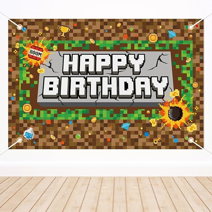 Pixel Birthday Backdrop Banner, 5x3ft/150x100cm Video Game Theme Happy Birthday Backdrop Decoration for Pixel Theme Kids Game Party Decoration Supplies