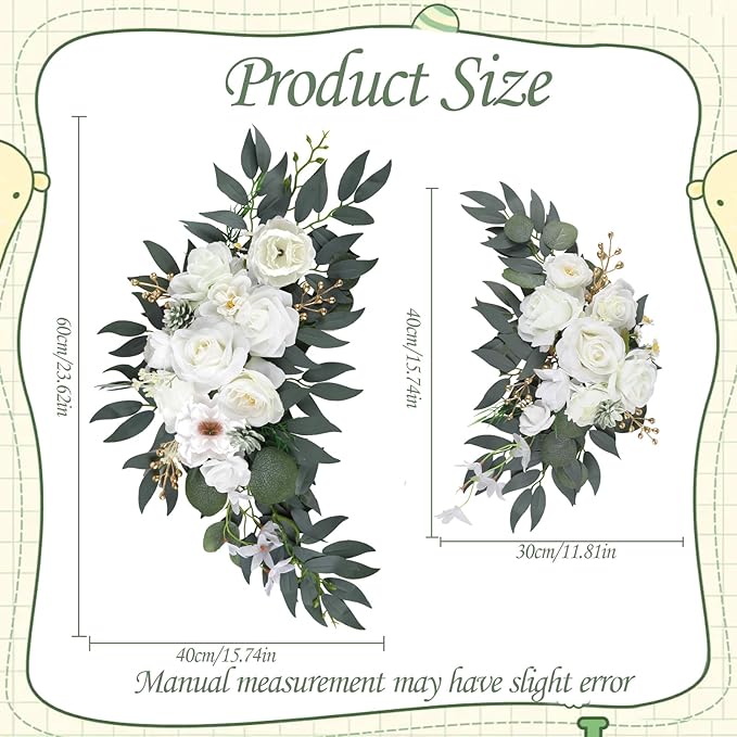 Wedding Arch Flowers for Wedding Welcome Sign, 2PCS Artificial Flower Floral Swag for Decoration Ceremony Reception Backdrop Party Aisle (White)