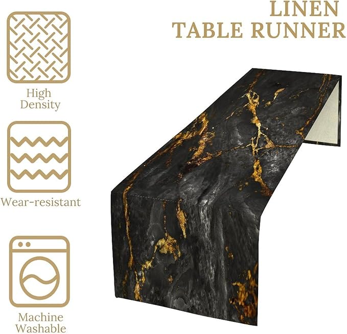 Black Grey Marble Table Runner Abstract Black Grey Gold Veins Marble Pattern Seasonal Dinner Runner Table Decoration for Farmhouse Home Kitchen Dining Holiday Party 13x60in
