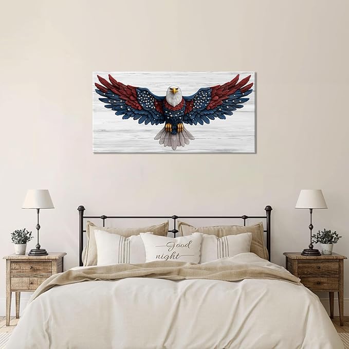 Bald Eagle Canvas Wall Art American Eagle Wall Décor -American Bald Red Blue Flag Canvas Wall Art Usa Independence Day Prints Painting Ready to Hang for Living Room, Bedroom, Office, Dorm 30L" x16''
