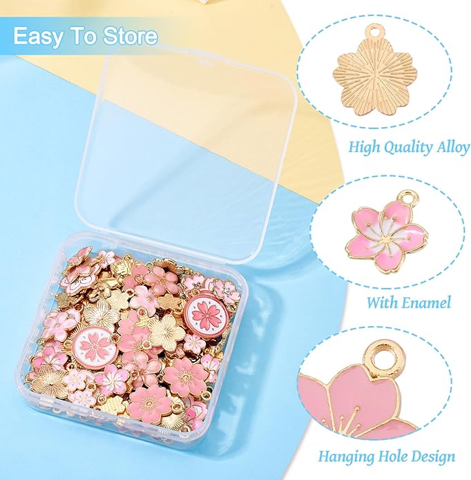 KISSITTY 100Pcs Light Gold Alloy Enamel Charms Cherry Blossom Flower Charm Bulk Gold Plated Pendant Cute Small Floral Dangle Charms for DIY Jewelry Making Kit Bracelet Necklace Keychain Crafts