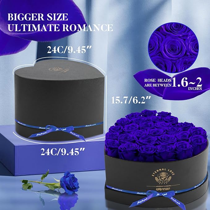 Preserved Rose in Heart Shape Box, 27 Forever Flowers, Eternal Roses, Birthday Gifts for Women, Wife, Her, Mother's Day, Blue