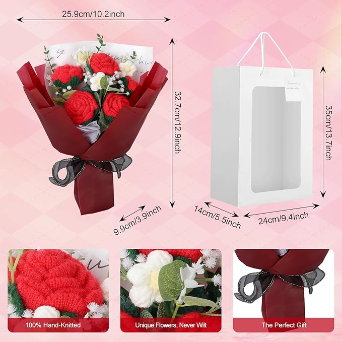Foyucool Crochet Flowers Bouquet, Handmade Knitted Rose Bouquet with Gift Bag for Home Deocor, Crocheted Finished Flower for Wedding, Mother's Day, Teachers' Day and Valentine's Day, Rose Red