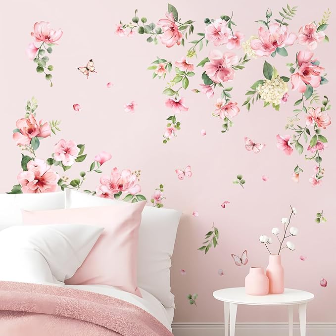 Pink Flower Wall Stickers, Spring Garden Floral Wall Decals 10 Sheets DIY Peel and Stick Wall Decal Self Adhesive Wall Art Decor for Bedroom Sofa Backdrop Cabinets Drawers
