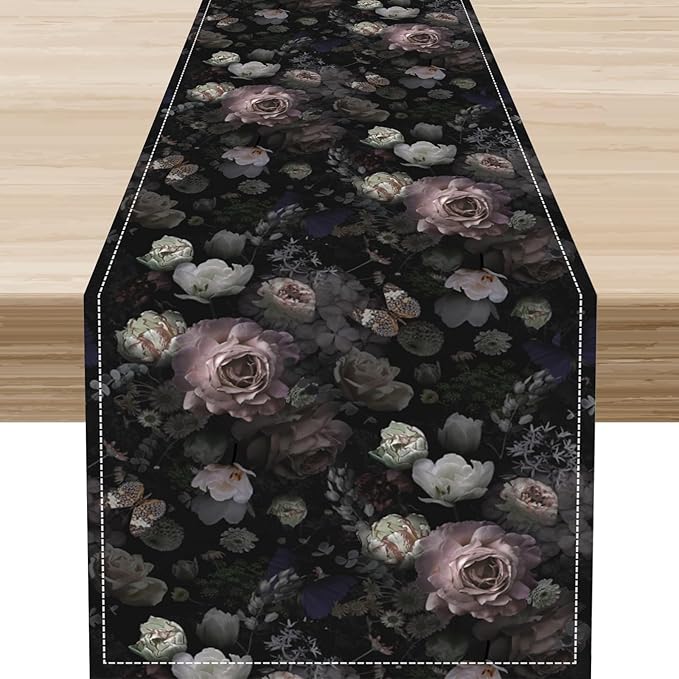 Gothic Floral Table Runner, Black Pink Rose Boho Vintage Art Print Linen Table Center Decor Family Kitchen Outdoor Farmhouse Holiday Party Table Decorations 13x36 inch