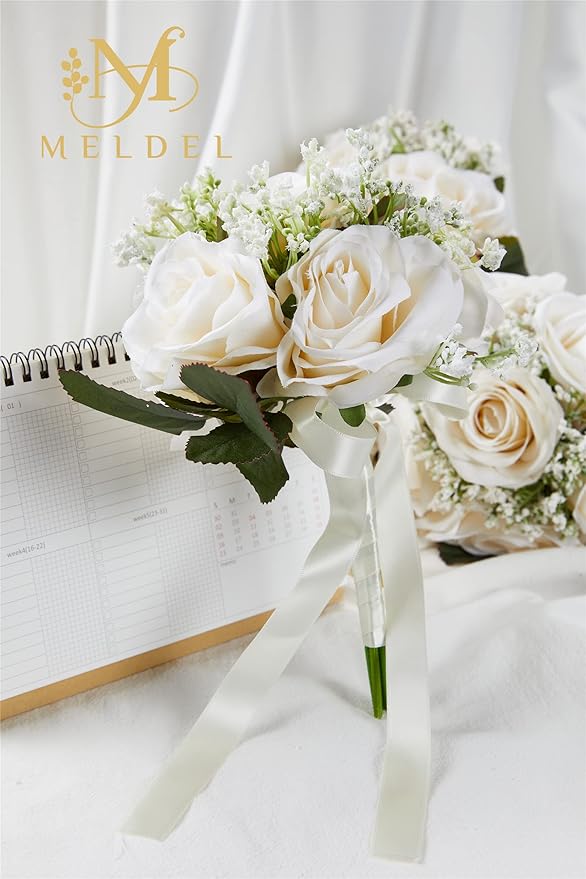 Meldel 6.5 Inch Bridesmaid Bouquet Set of 6, Ivory Wedding Bouquets for Bridesmaids, Small Bridesmaid Bouquets for Wedding, Artificial Wedding Bouquet Flower, Floral Wedding Centerpieces