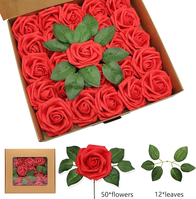 Artificial Roses Flowers 50pcs Real Looking Foam Fake Roses with Stems for DIY Wedding Bouquets Bridal Shower Centerpieces Party Decorations (50, Red)