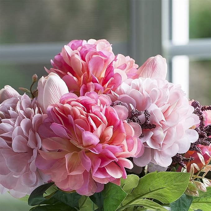 ENOVA FLORAL Tulip Real Touch Artificial Flower Arrangement with Vase, Mixed Dahlia Silk Flower in Vase for Dining Table Decorations, Wedding Centerpiece (Pink)