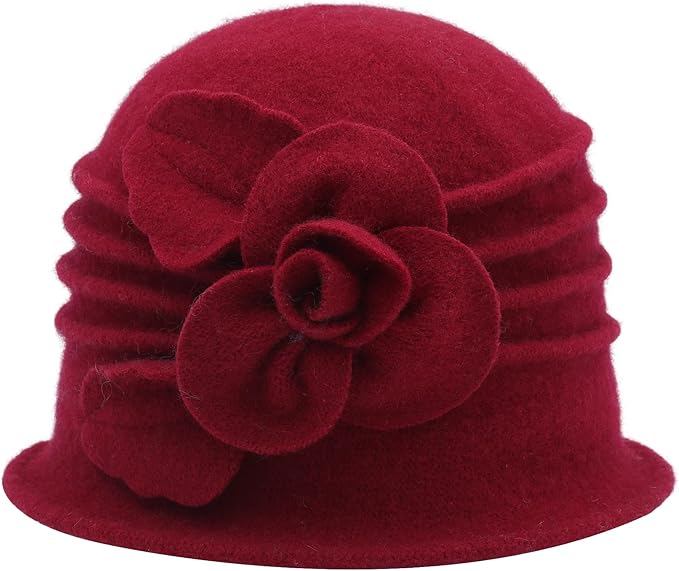 ZLYC Women Wool Cloche Bucket Hat 1920s Vintage Dress Winter Hats with Flower Accent