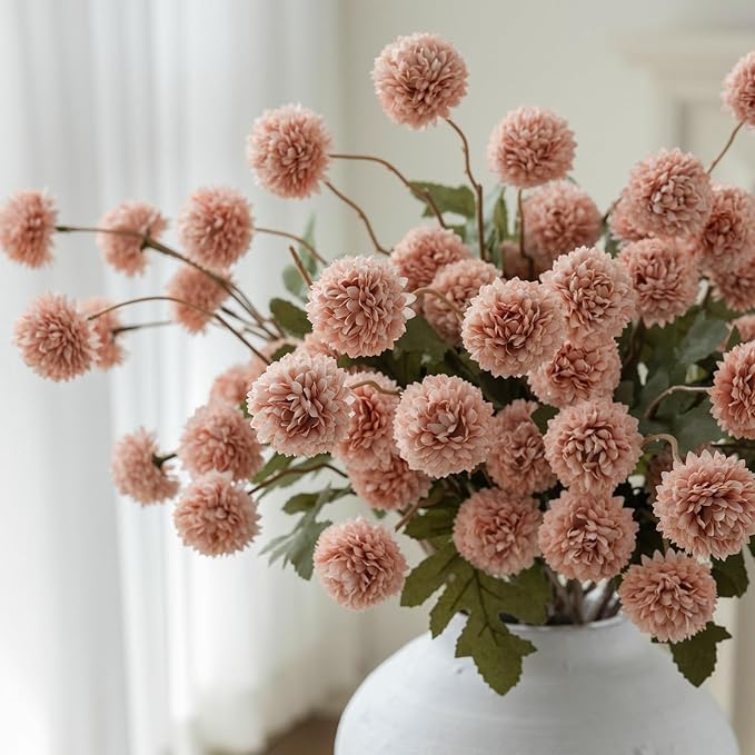 mizii 6Pcs Pink Fake Silk Pompon Mum Artificial Flowers Bulk Small Faux Chrysanthemums with Stems Realistic Floral Decorations for Wedding DIY Bouquet Centerpieces Shower Vase Home Decor (Light Pink)