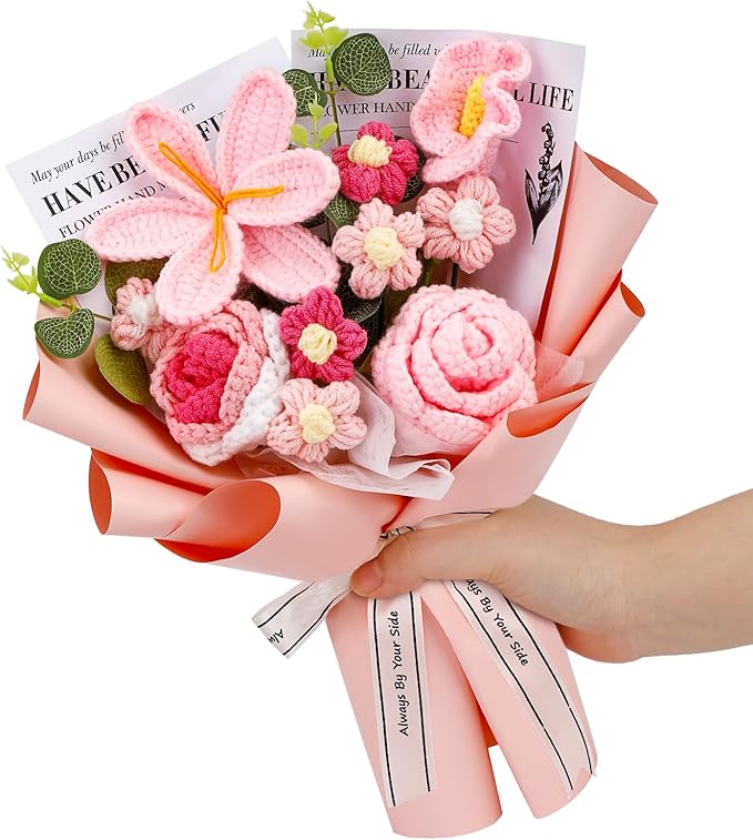 Crochet Flowers Bouquet, Handmade Knitting Crochet Flowers, Tulips Flower and Calla Lily Bouquet for Birthday, Gifts for Women, Valentines (Pink)