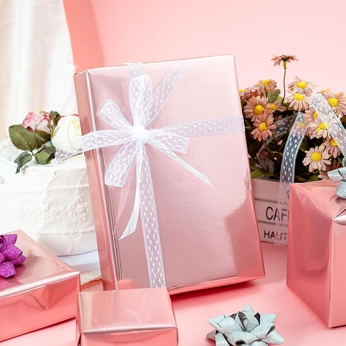 Merture Pink Wrapping Paper Roll - 17 In X 16.4 Ft(23.3 sq.ft.) Metallic Pink Solid Color Gift Wrap with Grid Cutting Lines for Valentines Day, Mothers Day, Wedding, Baby Shower, Birthday, Christmas