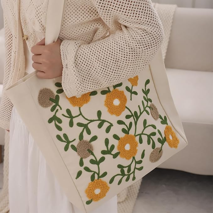 Aesthetic Embroidery Tote Bag for Lady Cute Reusable Canvas Shoulder Bag for Girls Women Shopping Grocery