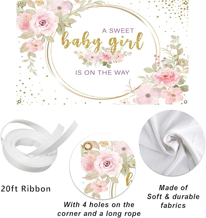 Sweet Baby Girl is On The Way Backdrop - 7x5ft Pink Floral Baby Shower Banner for Girl, Watercolor Gold Glitter Party Decorations, Gender Reveal Newborn Welcome Photo Booth Background