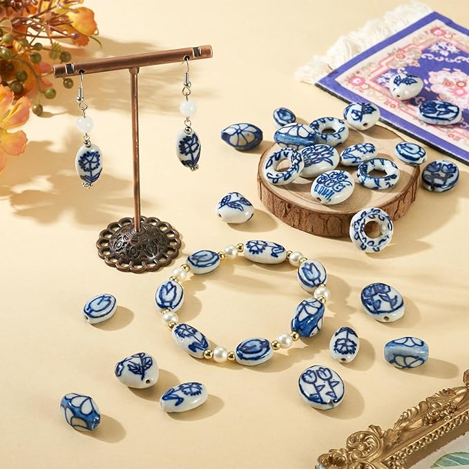 Beadthoven 28Pcs 7 Styles Flower Printed Porcelain Beads Blue White Handmade Ceramic Beads Vintage Floral Oval Barrel Heart Donut Shaped Spacers for DIY Jewelry Making Bracelets Necklace Beading Kit