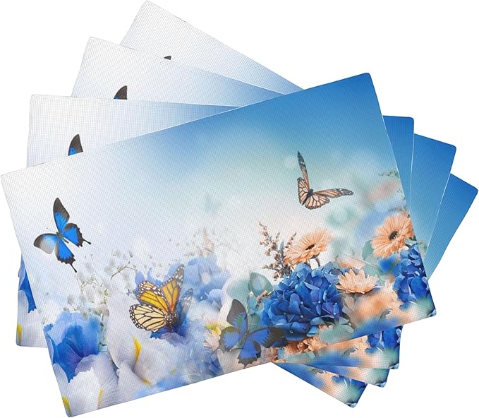 Flying Butterfly Placemats Set of 4, Blue Flowers 12x18 Inch Non-Slip Washable Heat Resistant Linen Fabric Table Mats,Place Mats for Holiday Party