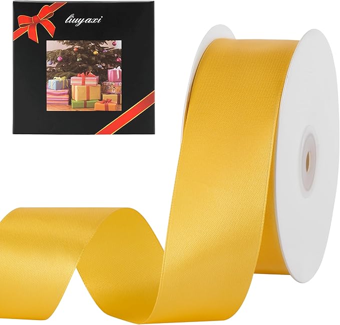 LIUYAXI 1-1/2 Inches 50 Yards Yellow Satin Ribbon, Solid Fabric Ribbon Roll for Flower Bouquets, Gift Wrapping, Wedding, Handmade Crafts