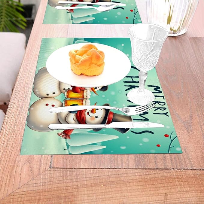 PVC Placemats Set of 4 Wipeable Table Mats Washable Heat Resistant Non Slip Vinyl Dining Table Mat for Kitchen Indoor Outdoor Patio Farmhouse Place Mats Christmas Snowman Beer Decorative