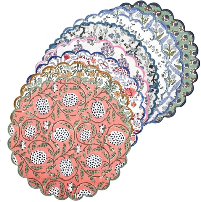 Ridhi Mix Bo-ho Round Place Mat Double Layer Floral Cotton Washable Placemats 15" Round Embroidery Block Print Table Mat Pack of 4-15 Inch Round