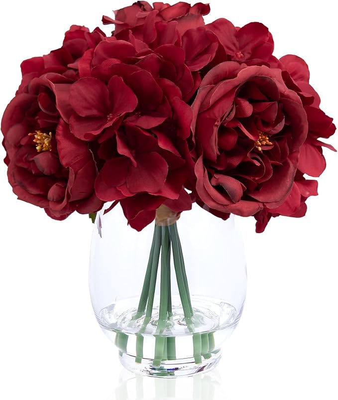Artificial Flowers Silk Peonies & Hydrangea in Glass Vase with Fake Water, Fake Rose Bouquet Arrangement with Vase for Home Wedding Christmas Party Decor as Table Centerpieces & Gift (Classical Red)