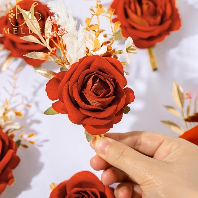 Meldel Burnt Orange Velvet Rose Boutonniere for Men,Set of 6,Groom and Best Man Boutonnieres with Artificial Flower,for Wedding Ceremony Anniversary, Dinner Party, Fall Vintage Rustic Marriage Prom