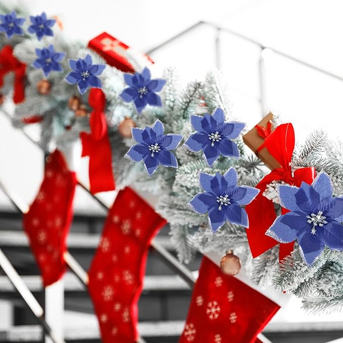 WILLBOND 24 Pcs 3 Size Poinsettia Flower Artificial Christmas Decor Glitter Poinsettia Christmas Ornaments Faux Flowers for Xmas Tree Outdoor(3.2/4/6 Inches,Navy Blue)