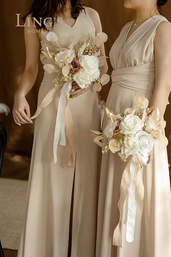 Ling's moment Artificial Flowers Boho Bridesmaid Bouquet, White Beige Wedding Flowers Bouquets for Bridesmaids, 7 Inch Bridal Bouquets for Bridesmaids, Wedding, Ceremony, Anniversary, etc