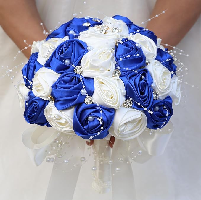 Bridal Wedding Bouquet Round Bling Brooch Bouquet Throw Toss Artificial Rose Flower Bunch for Bride Bridesmaid Wedding Quinceanera(Royal Blue & Ivory, 6.3")