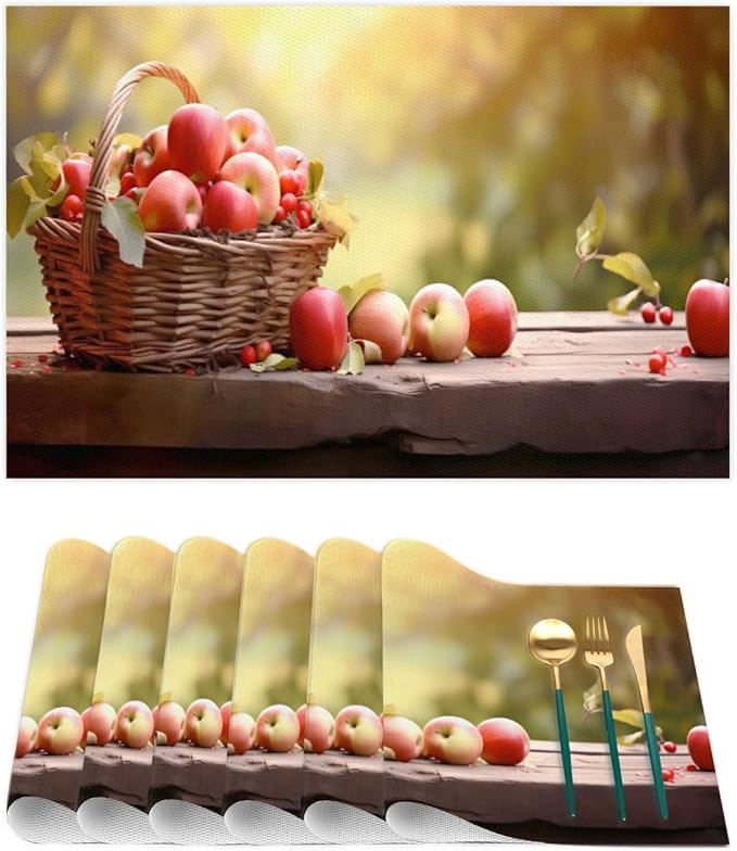 Apple Fall Fruit Basket Placemats Set of 1 PVC Vinyl Non Slip Table Mats Heat Resistant Place Mats Washable Wipeable Dining Table Mat for Kitchen Decor Party Indoor Outdoor Decorative Gift