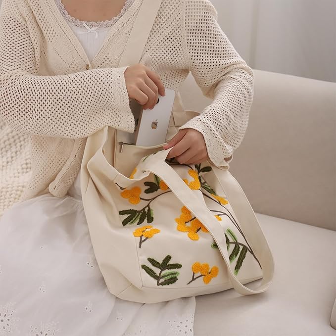 Aesthetic Embroidery Tote Bag for Lady Cute Reusable Canvas Shoulder Bag for Girls Women Shopping Grocery